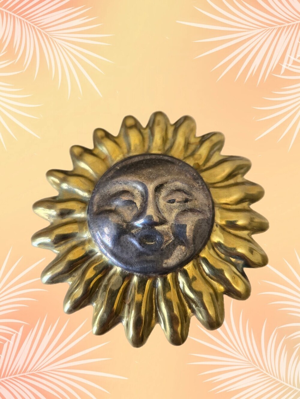 Vintage Taxco Sterling Silver & Brass Sun With Face Brooch Or Necklace